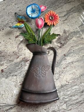 Metal Wall or Door Decor with Colorful Flower Sprays and Butterfly in Pitcher